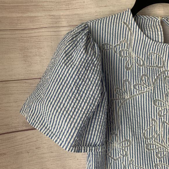 Zara Blue White Striped Blouse Sheer Floral Cutout Details Puff Sleeves Size S - Picture 4 of 16